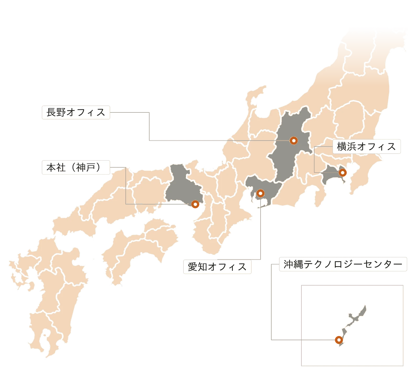GENIO Solutions 拠点一覧地図（本社 神戸／横浜／愛知／長野／沖縄）