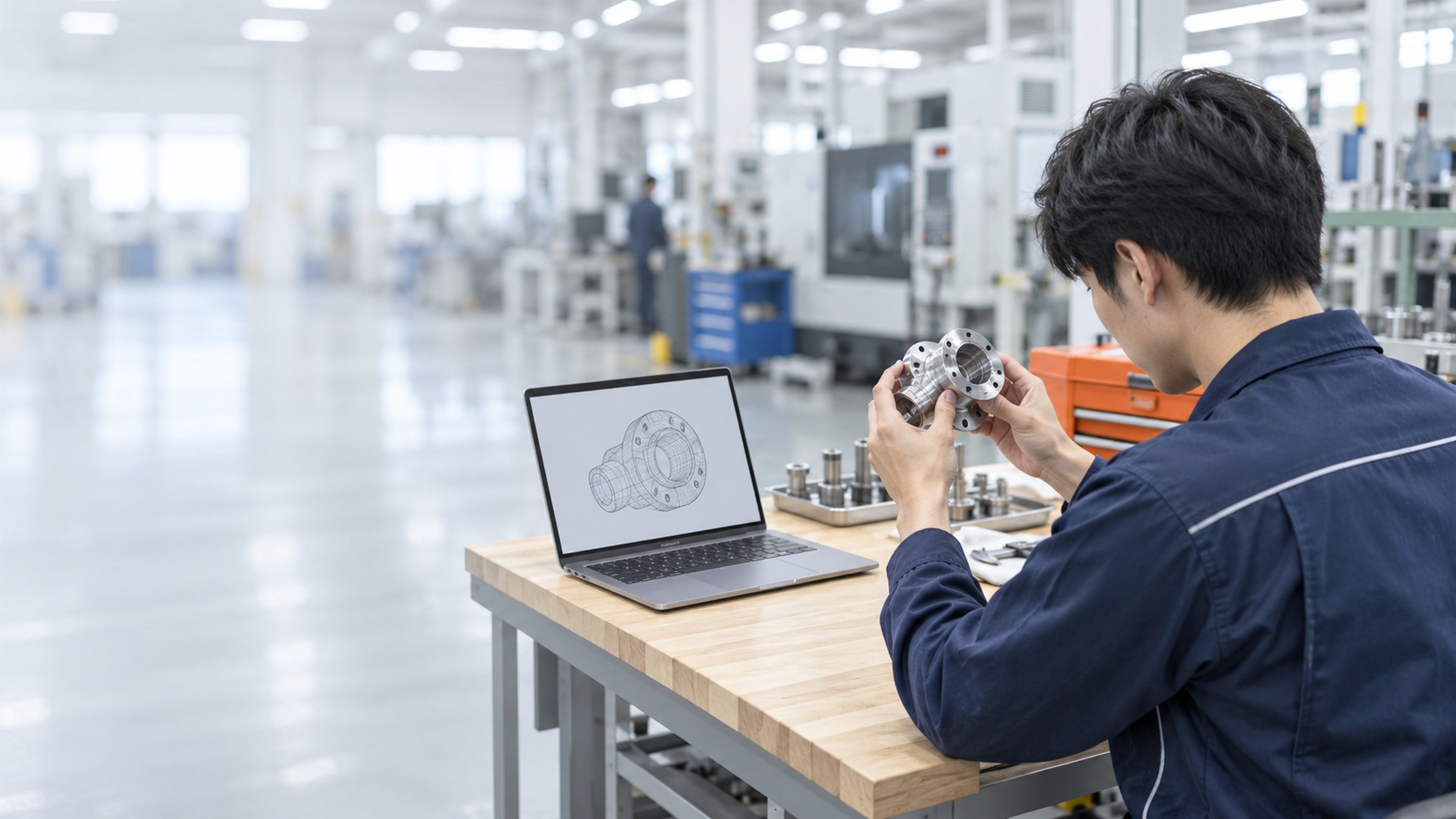 カスタマイズ開発｜ノートPCの3D形状と実物の部品を見比べる技術者｜GENIO Solutions